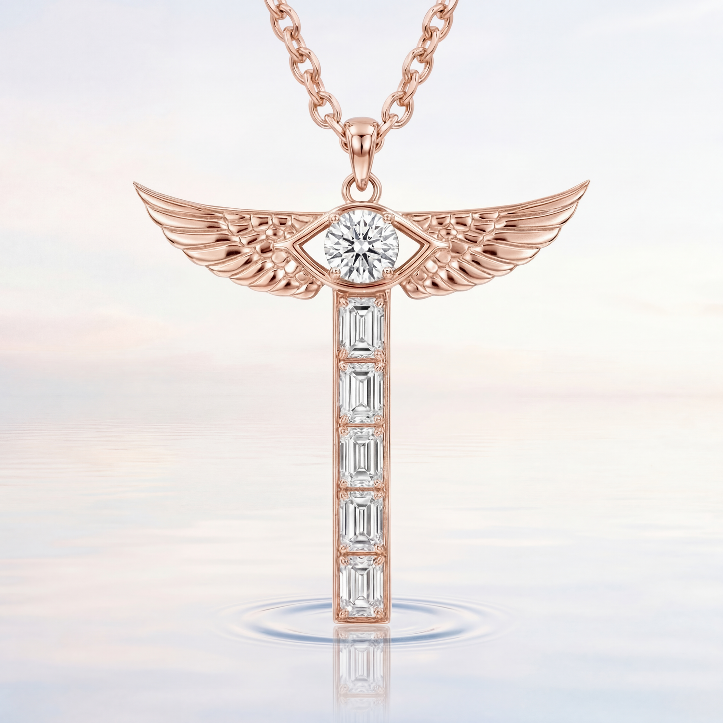 Airrealé Diamond Pendant Necklace in 18K Rose Gold with Emerald and Round Diamonds