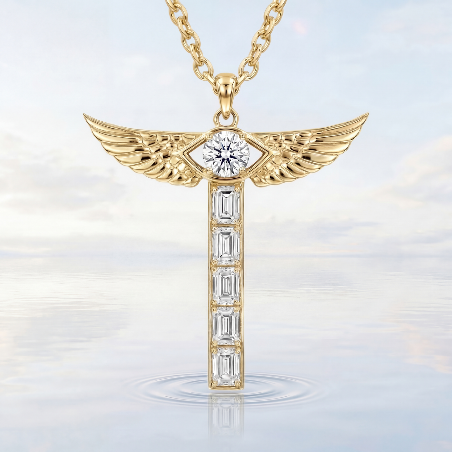 Airrealé Diamond Pendant Necklace in 18K Yellow Gold with Emerald and Round Diamonds