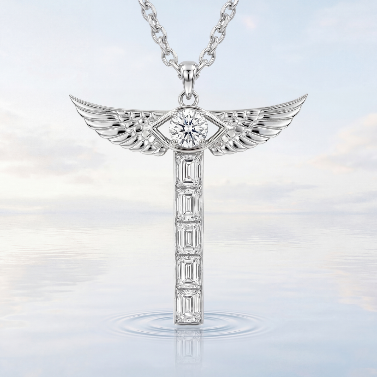 Airrealé Diamond Pendant Necklace in 18K White Gold with Emerald and Round Diamonds