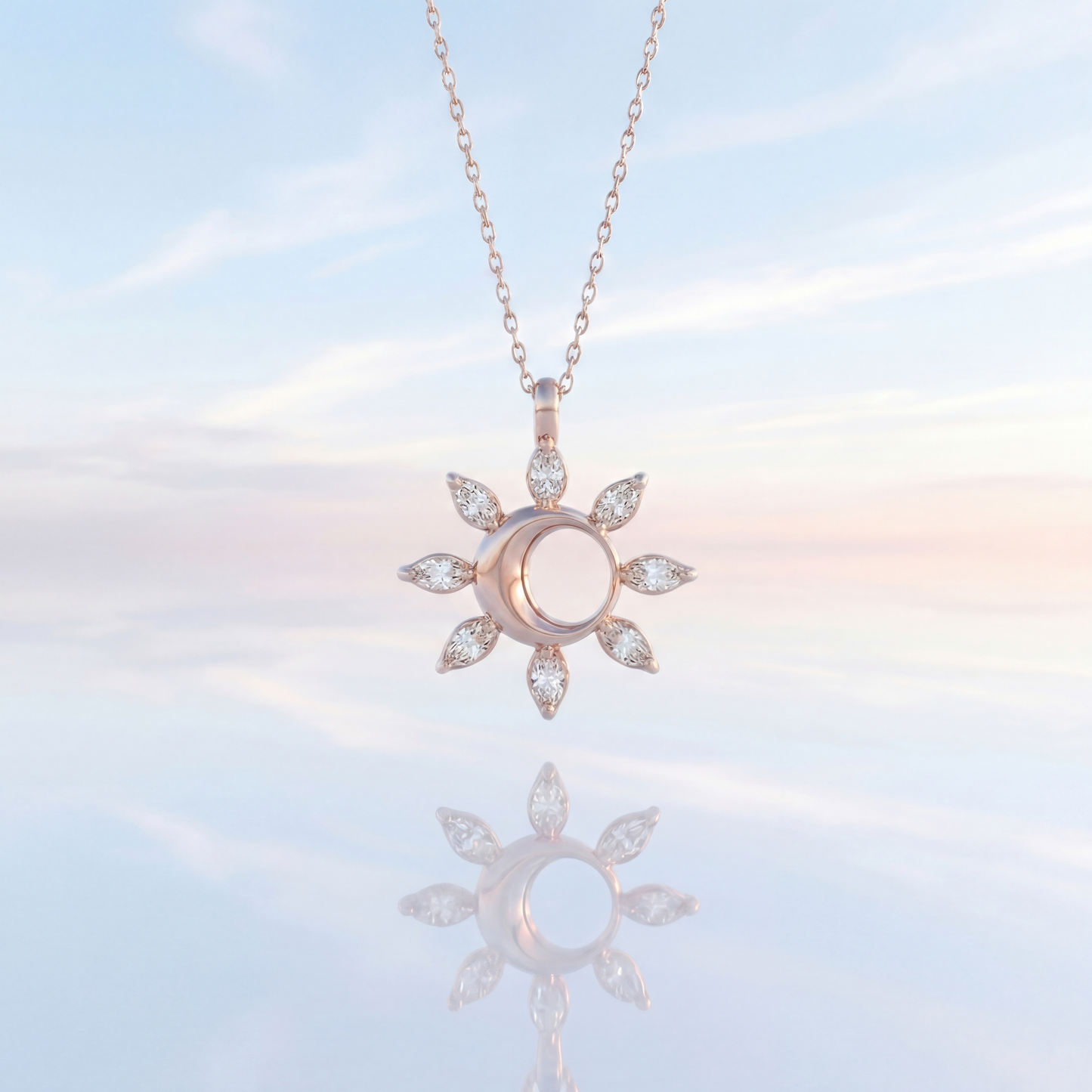 Airrealé Solar Eclipse Diamond Pendant in 18K Rose Gold with Marquise Diamonds