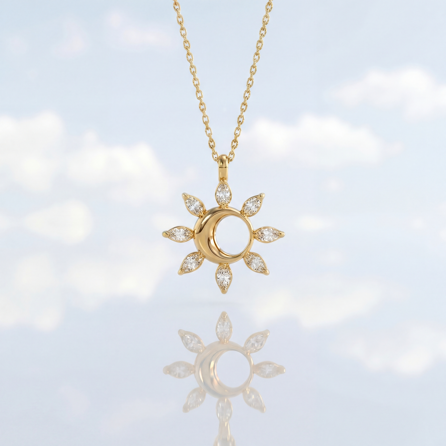 Airrealé Solar Eclipse Marquise Natural Diamond Pendant in 18K Yellow Gold