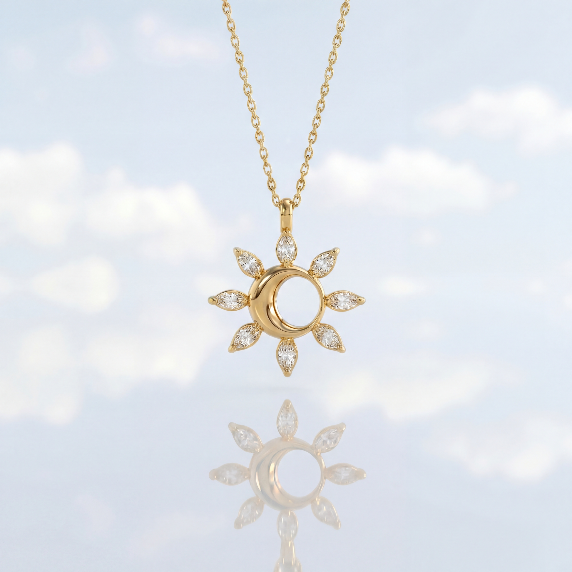 Airrealé Solar Eclipse Marquise Natural Diamond Pendant in 18K Yellow Gold