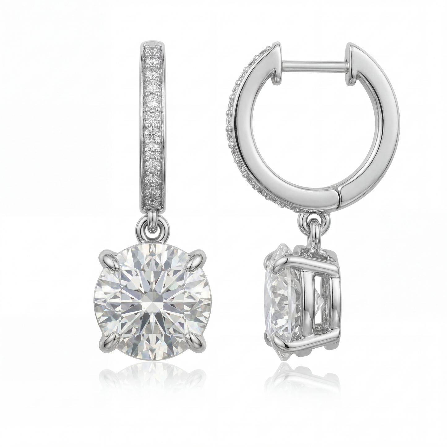 Floating Diamond Hoop Earrings, side angle in 18K Gold with VS1 E Color Lab-Grown Diamonds, elegant minimal hoop design with suspended diamond detail